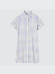 UNIQLO Платье в клетку гингем для девочек (Короткий рукав), Размер 100-160, Цвет Ультрамарин/Голубой  фото