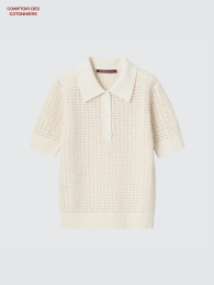 UNIQLO Льняной и хлопковый ажурный поло-свитер (Размер: M, Цвет: Выбеленный)  - купить