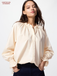 UNIQLO Сатиновая хлопковая рубашка с рюшами, Размер S, Цвет Черный  фото
