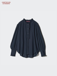 UNIQLO Хлопковая полосатая рубашка с рюшами.  фото