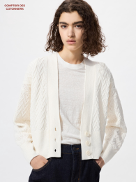 UNIQLO Льняной кардиган с V-образным вырезом и ажурным узором  фото