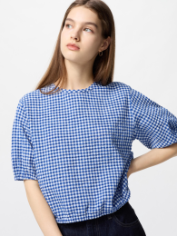 UNIQLO Полупрозрачная блузка в клетку с коротким рукавом и пуфами (Размер XS-3XL)  фото