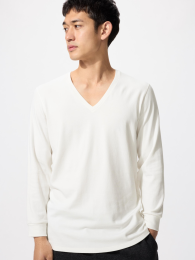 UNIQLO Ультра-теплая хлопковая футболка с V-образным вырезом и длинными рукавами Heattech (9/10 длина) (極暖ヒートテックコットンVネックT/9分袖) фото
