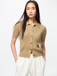 UNIQLO Рубчатый поло-кардиган с коротким рукавом (XS, Зеленый, Бежевый, Выбеленный)  фото