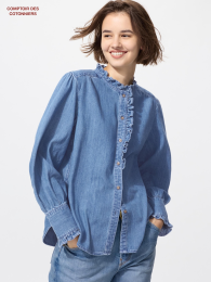 UNIQLO Джинсовая рубашка с рюшами и длинными рукавами.  фото