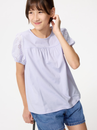 UNIQLO Девочки. Футболка с пышными рукавами, Белый/Светло-фиолетовый, Размеры 110-160  фото