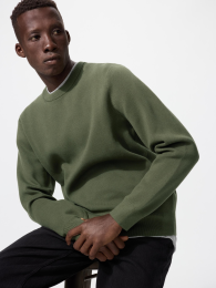 UNIQLO Свитер с круглым вырезом из стираемого миланского трикотажа (Оливковый, S)  фото