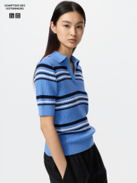 UNIQLO Хлопковый пуловер-поло с воротником-поло и отделкой в рубчик, Синий, Размер S  фото