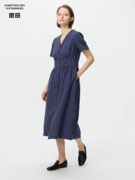 UNIQLO Льняное платье синего цвета с V-образным вырезом (Размеры S-XXL)  фото