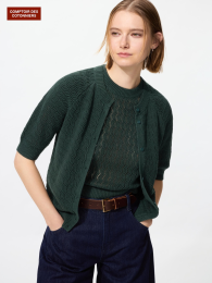UNIQLO Льняной кардиган с круглым вырезом / с рукавами длиной до локтя (Размеры S-XL, Цвета: Темно-зеленый, Черный, Выбеленный)  фото